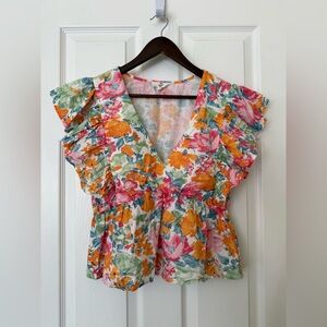 Entro Floral V-Neck Ruffle Sleeve Top - Pink & Orange